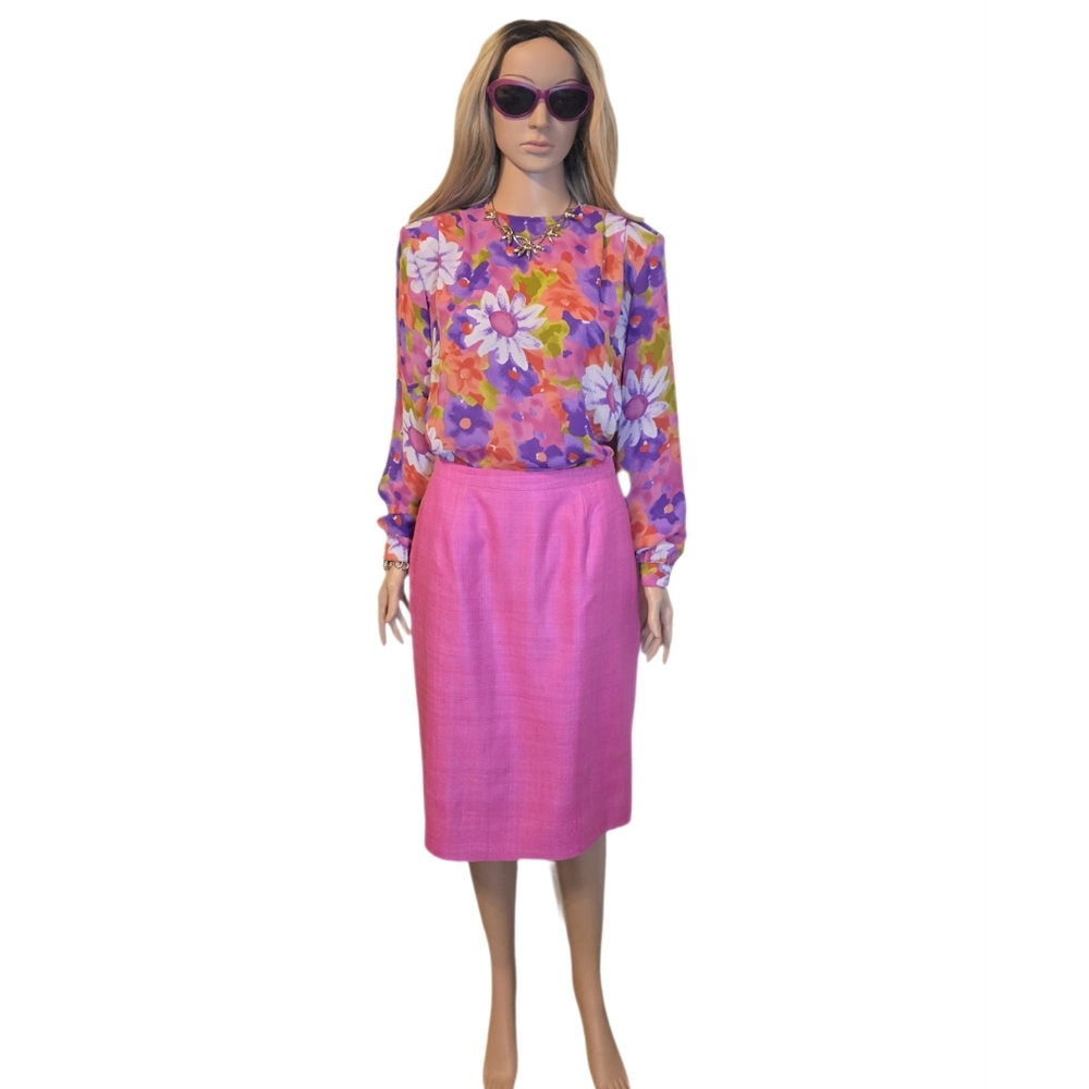 Vintage 90's Y2K Floral Pink Blouse and Linen Blend Pencil Skirt Set 8